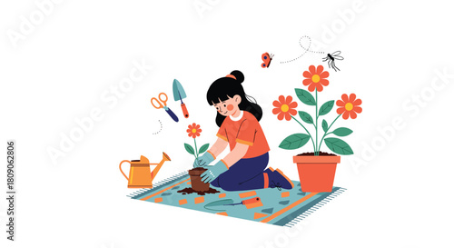 Young girl wearing gloves happily potting a flower while sitting on a decorative rug surrounded by gardening tools.