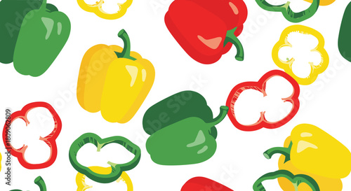 Vibrant and colorful seamless pattern background of whole and sliced red yellow and green bell peppers on white.