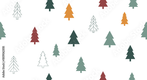Simple and modern seamless Christmas pattern with stylized fir trees in various colors and designs on a white background.