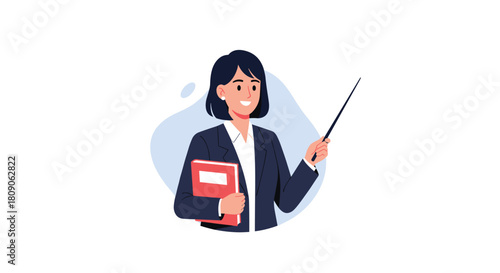 Smiling female teacher wearing a suit holding a book and a pointer stick ready to give a lesson or presentation.