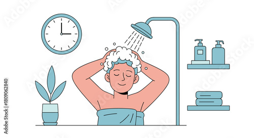 Young man enjoying his morning routine as he washes his hair with shampoo in the shower in a modern bathroom.