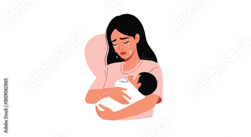Young mother crying while holding her newborn baby in her arms illustrating postpartum depression or maternal sadness.