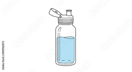 Simple black and white line art illustration of a reusable plastic water bottle with the lid open and half full of water.