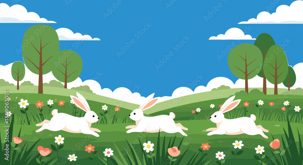 Fototapeta premium Beautiful spring landscape with three white rabbits running through a green meadow full of flowers and trees under a blue sky.