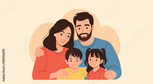 Loving family portrait of a mother father son and daughter smiling and embracing each other with warmth and affection.