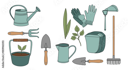 Collection of various hand-drawn gardening tools and equipment including a watering can gloves trowel and rake.