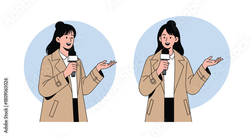 Set of two illustrations of a female news reporter in a coat holding a microphone and gesturing while speaking.
