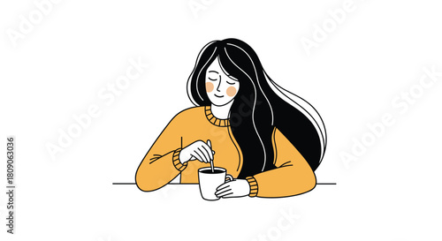 Simple doodle-style illustration of a happy woman with long black hair stirring a warm drink in a mug.