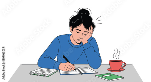 Exhausted and tired young woman studying or working at her desk with notebooks and a cup of coffee.