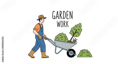 Hand-drawn illustration of a man in overalls and a hat pushing a wheelbarrow for garden work on a white background.