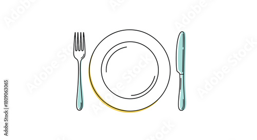 Minimalist line art illustration of a dinner setting with an empty plate a fork and a knife on a white background.