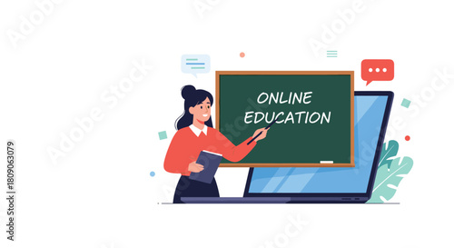 Online education concept with a smiling female teacher coming out of a laptop screen and teaching on a blackboard.