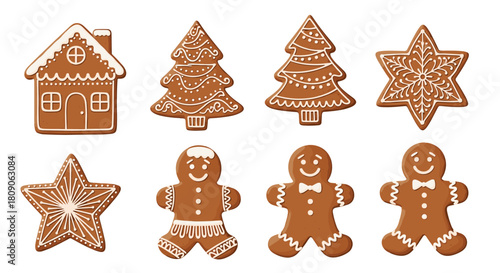 Festive collection of decorated Christmas gingerbread cookies including a house tree star and gingerbread men.