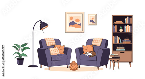 Cozy and comfortable living room interior with two armchairs a bookshelf a houseplant and a sleeping cat.