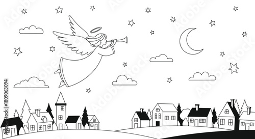 Christmas coloring page with an angel blowing a trumpet flying in the night sky over a peaceful winter town.
