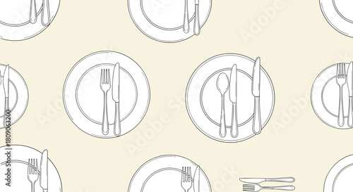Seamless black and white pattern of hand-drawn dinner table settings with plates forks knives and spoons.