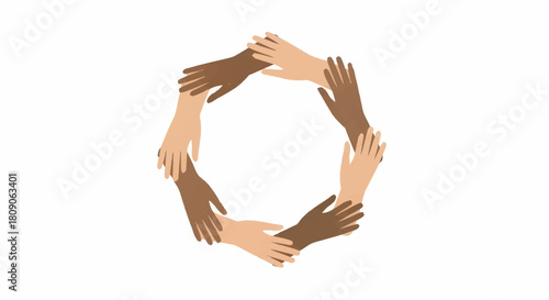 Diverse hands of various skin tones interlocking in a unified circle, symbolizing global community, collaboration, support, and inclusive teamwork