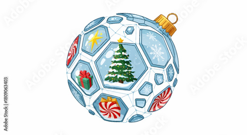 A beautifully detailed illustration of a faceted crystal Christmas ornament, featuring various holiday symbols like a tree, gift, and candy cane
