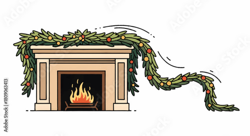 Illustrated classic fireplace mantel decorated with a long, flowing festive Christmas garland and a warm, inviting fire inside