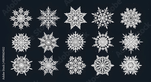 Elegant Vector Snowflake Collection A Comprehensive Set of Unique Winter Crystals for Festive Season Graphics, Holiday Decor, and Seasonal Design Projects
