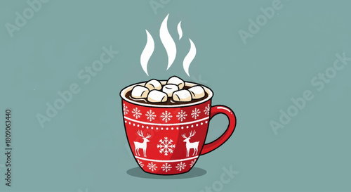 Cozy illustration of a steaming hot drink in a festive red mug with holiday patterns, topped with marshmallows, evoking warmth and winter comfort