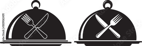 Two cloches with crossed fork and knife silhouette