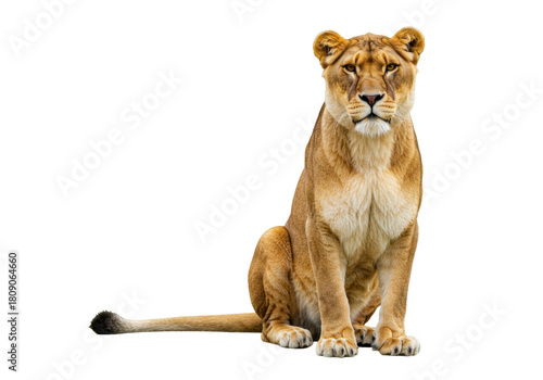 Obraz na plátně Isolated Powerful Lioness Sitting Calmly Looking Forward in a Neutral Posture an