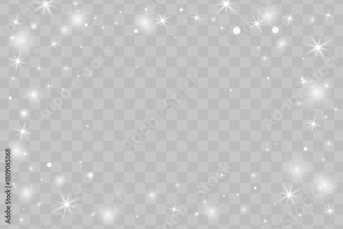 Glow light effect with sparkling glitter particles and shiny stars border for Christmas and New Year designs. Magical silver light sparkles, bokeh and glittering dust