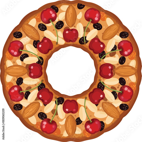 A traditional sweet bread adorned with cherries, raisins, and almonds on a white background, showcasing a classic dessert with a circular shape and various toppings.