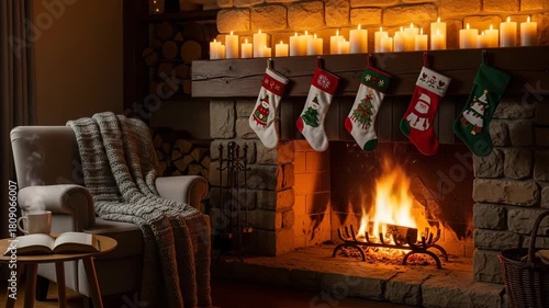 Cozy living room interior with burning fireplace decorated with hanging colorful Christmas stockings and candles on mantelpiece warm evening atmosphere


