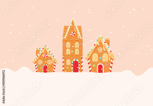
Gingerbread house. Town in winter landscape. Christmas card design, 