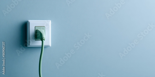 A green Ethernet cable plugged into a white electrical outlet on a blue wall