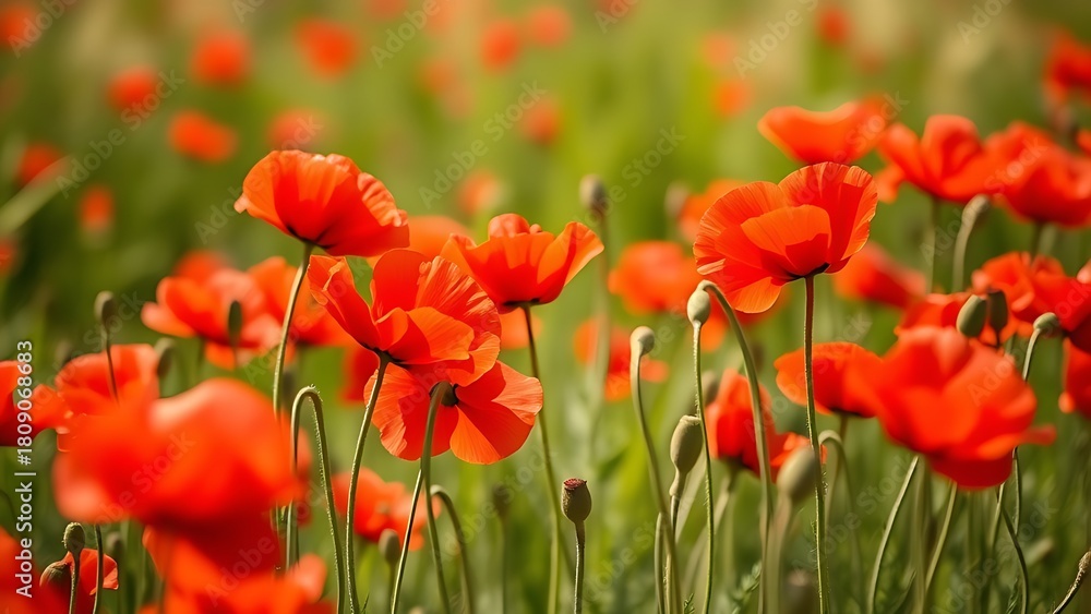 Fototapeta premium swaying. A field of red poppy flowers swaying gently in the wind. gardening catalogs, home-decor guides, designed for home decor and floral branding, used by architects.