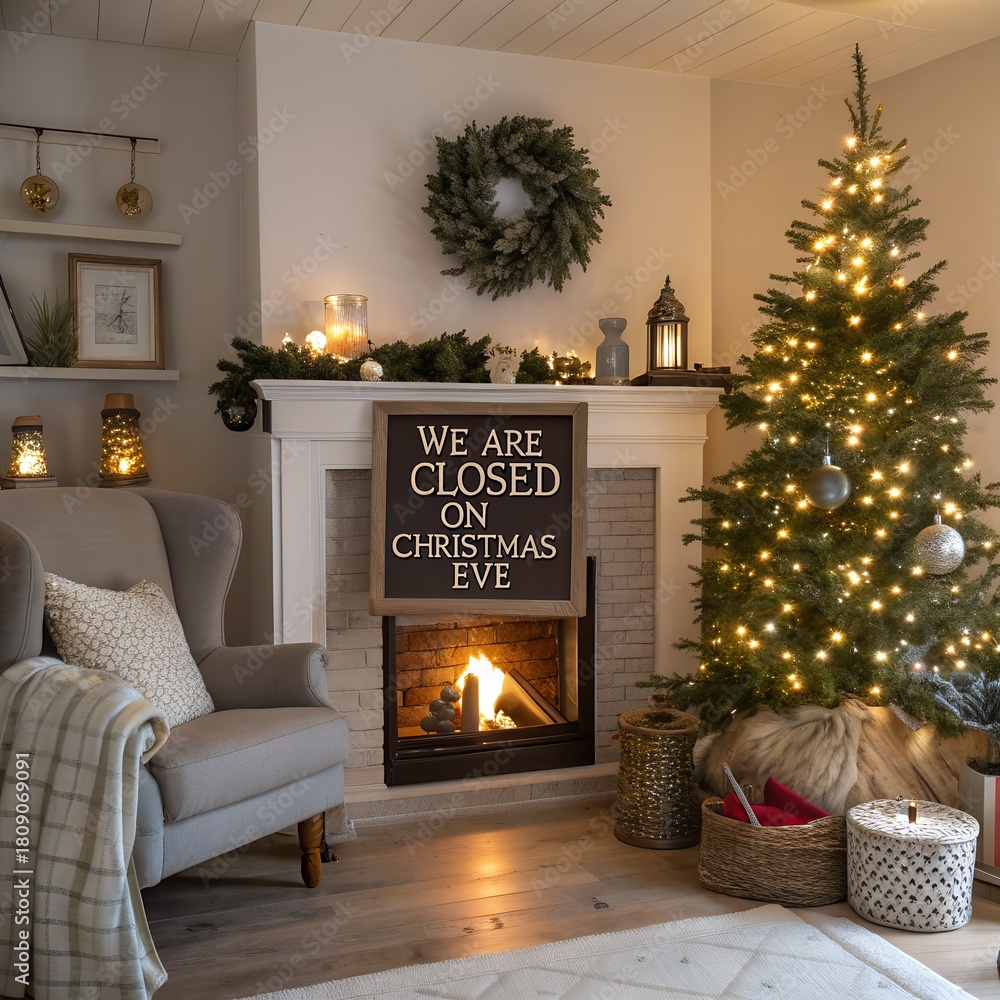 Fototapeta premium Cozy Christmas Eve Home Scene with Fireplace Sign