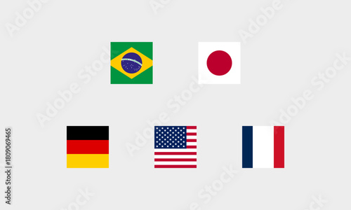Sportliche Nationen als quadratische Flaggen-Icons – Brasilien, Deutschland, Japan, USA, Frankreich (korrekte Farbdarstellung)