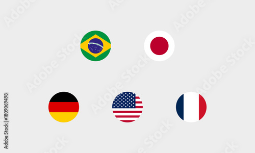 Sportliche Nationen als runde Flaggen-Icons – Brasilien, Deutschland, Japan, USA, Frankreich (korrekte Farbdarstellung)