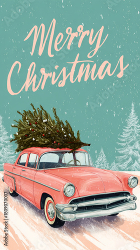 A charming retro scene features a pink 50s car driving through a snow-covered landscape. A decorated Christmas tree rests on the roof, creating a festive holiday atmosphere