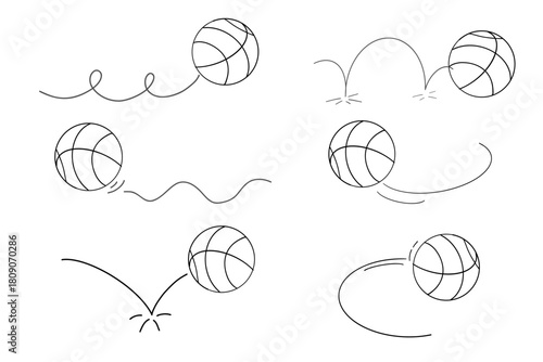 Bounced ball basketball comic manga effect set. Sketch movement.doodle line hand drawn ball jump trajectory, ball motion expression.