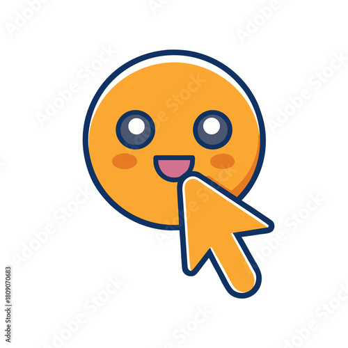 Cute orange cartoon face with blushing cheeks and a happy open mouth being touched by a computer mouse cursor isolated on transparent background