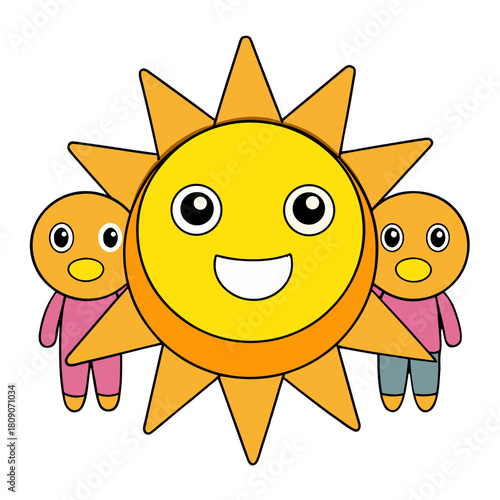 Happy cartoon sun character with two cute little friends standing beside it isolated on transparent background