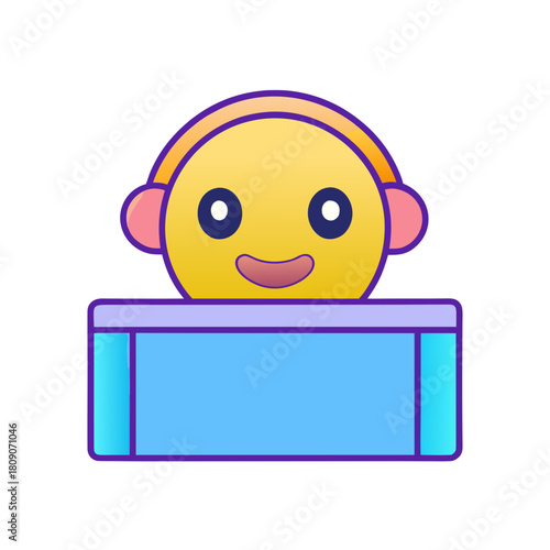 Cute cartoon yellow smiley face character wearing headphones and peeking over a blue box isolated on transparent background