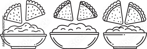 Three pairs of tacos and three bowls of dip silhouette