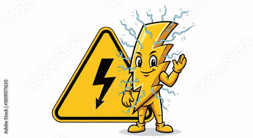 Friendly lightning bolt character with warning sign, perfect for educational materials about electricity safety and positive energy for kids and adults!