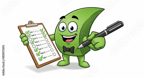 Cheerful checklist mascot completing tasks with pen, perfect for business, planning, and organization-themed projects, showing efficiency and success