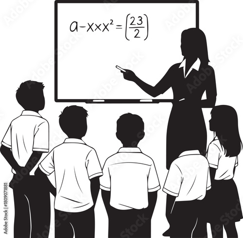 Teacher instructs students on a whiteboard with mathematical equations
