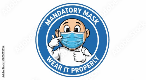 Advisory to wear mask properly for safety and prevention of viruses and germs, cartoon icon with thumb up gesture, mandatory mask policy in blue