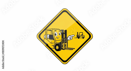 Cartoon forklift character points toward machinery on a bright yellow warning sign, perfect for safety campaigns and construction site awareness posters
