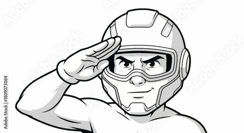 Powerful superhero saluting with futuristic helmet and determined expression, showing strength and authority in a modern design, ideal for inspiration