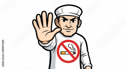 Powerful cartoon man says no smoking with stop hand gesture and strong expression, perfect for anti-smoking campaigns and health awareness promotions