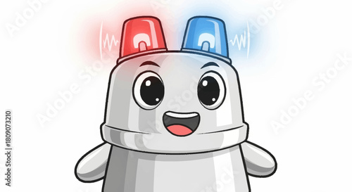 Delightful cartoon character with flashing police lights, perfect for kids' content or playful safety campaigns, offering a fun, engaging visual element